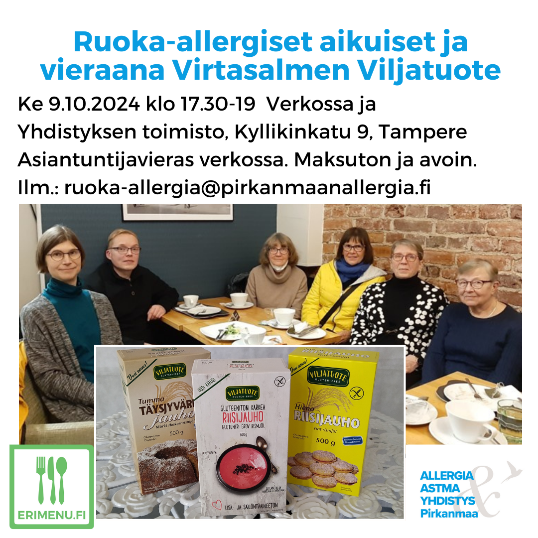 Kuvituskuvana aikuisia kahvipöydän ääressä ja kome jauhopakettia ja tekstinä tilaisuuden aika ja paikka.