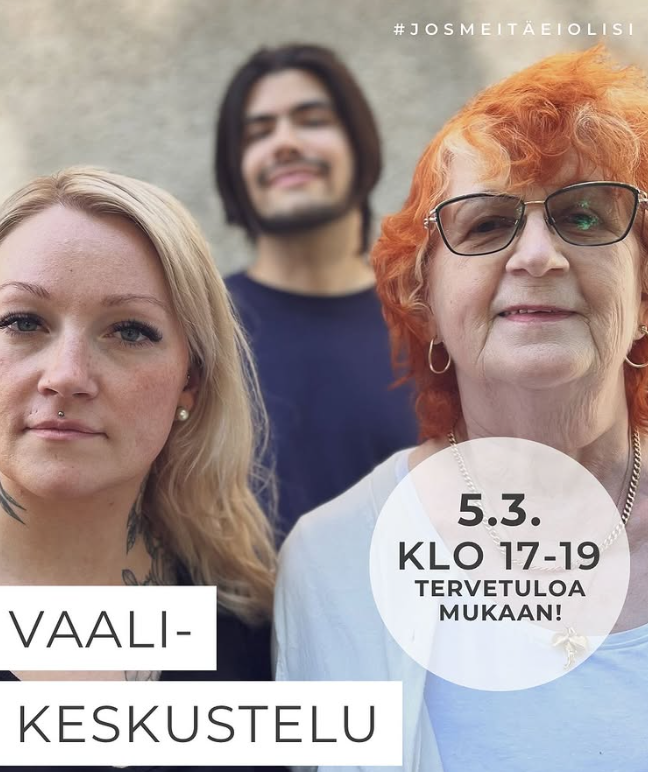 Kuvituskuvana kolme henkilöä ja tekstinä tilaisuuden aika.