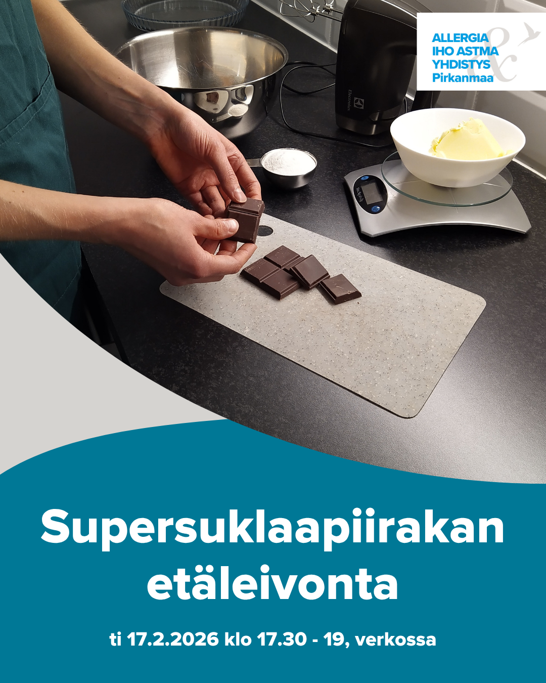 Kuvituskuvana kädet tekemässä leipomisen toimia, ja tekstinä tilaisuuden aika ja paikka.