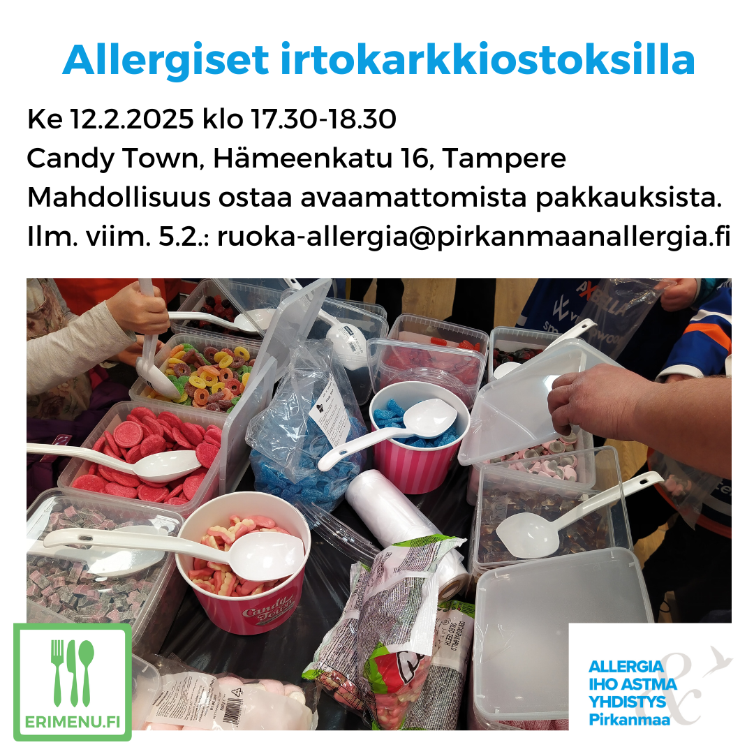Kuvituskuvana irtokarkkilaatikoita ja käsiä karkkipusseineen ja tekstinä tilaisuuden aika ja paikka.