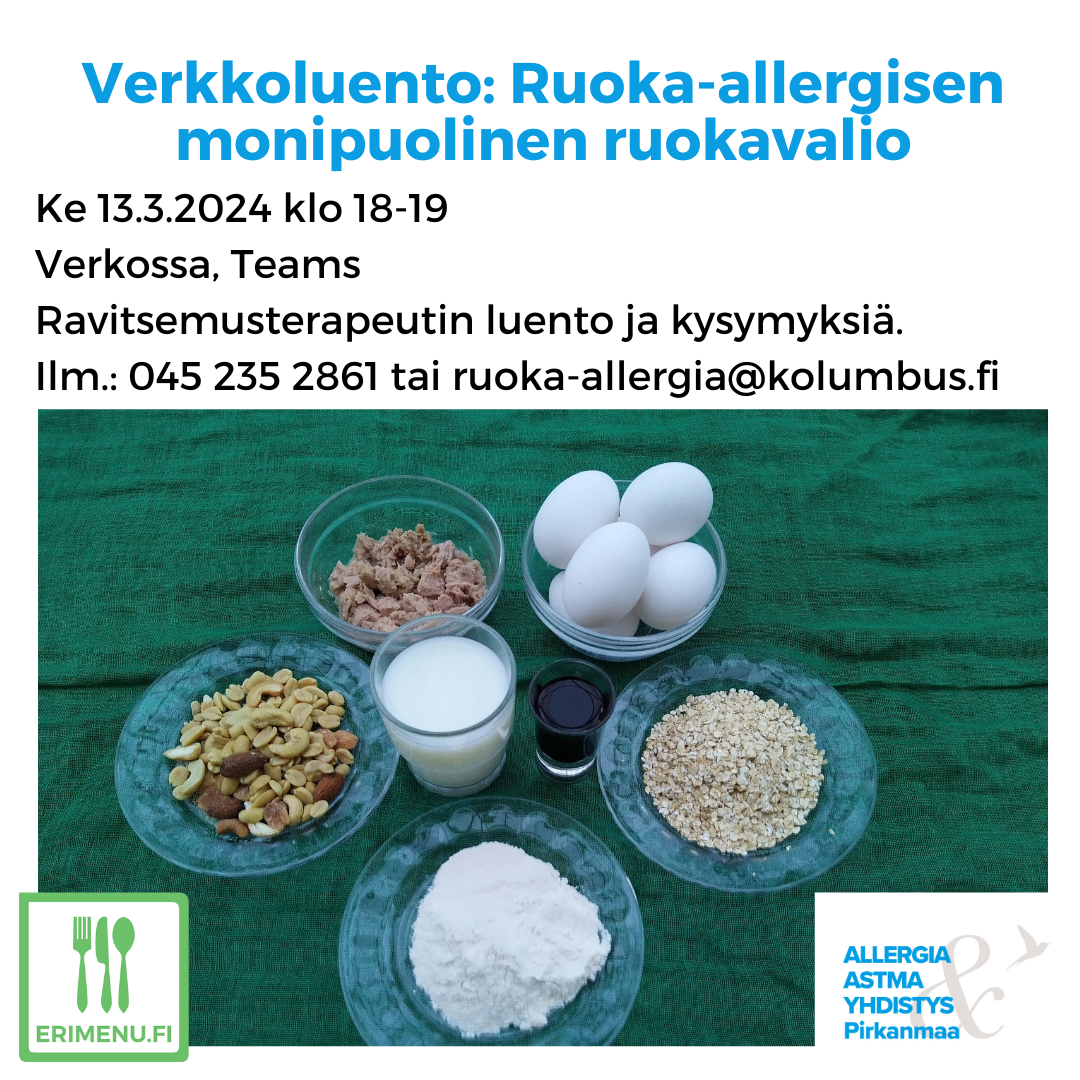 Kuvituskuvana erilaisia ruoka-aineita kuten maito, kananmuna ja vehnä ja tekstinä tilaisuuden aika ja paikka.