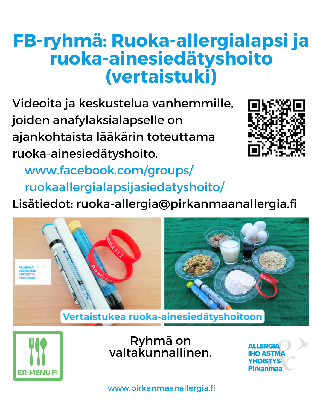 Kuvituskuva, jossa on tekstinä samat asiat kuin tekstissä aiemminkin ja kuvana adrenaliini-injektorit ja punaiset silikonirannekkeet sekä eri allergeeneja lautasilla.