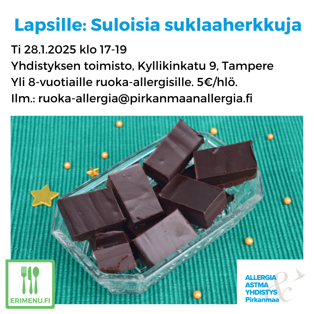 Kuvituskuvana suklaanamuja ja tekstinä tilaisuuden aika ja paikka.