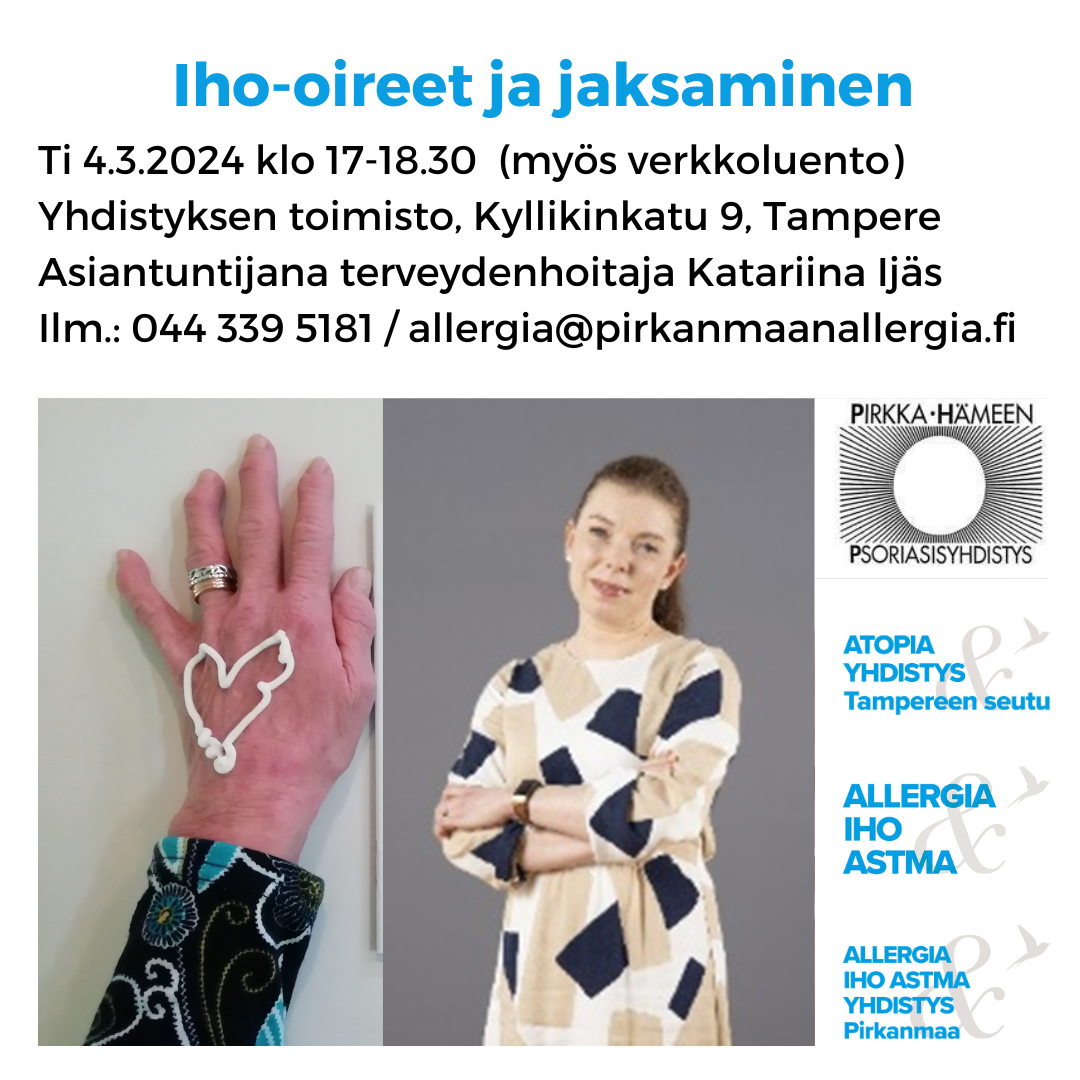 Ensimmäisessä kuvituskuvassa atoopikon käsi, johon levitetty voidetta. Toisessa kuvituskuvassa on Katariina Ijäksen kuva. Tekstinä on tilaisuuden aika ja paikka.  