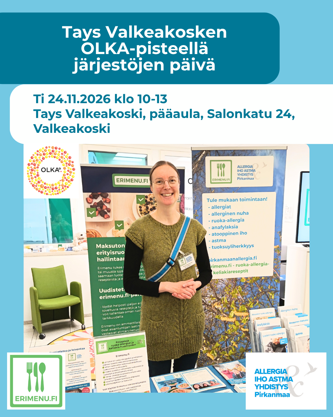 Kuvituskuvana neuvojamme esitteineen ständillä ja tekstinä tilaisuuden aika ja paikka.