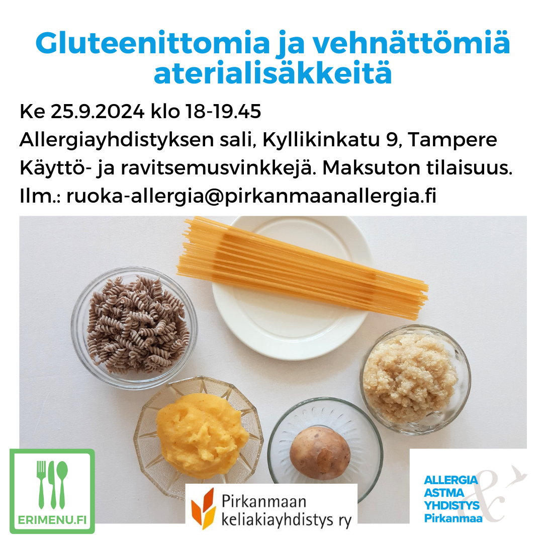 Kuvituskuvana erilaisia pastoja ja muita ruokalisäkkeitä kulhoissa ja tekstinä tilaisuuden aika ja paikka.