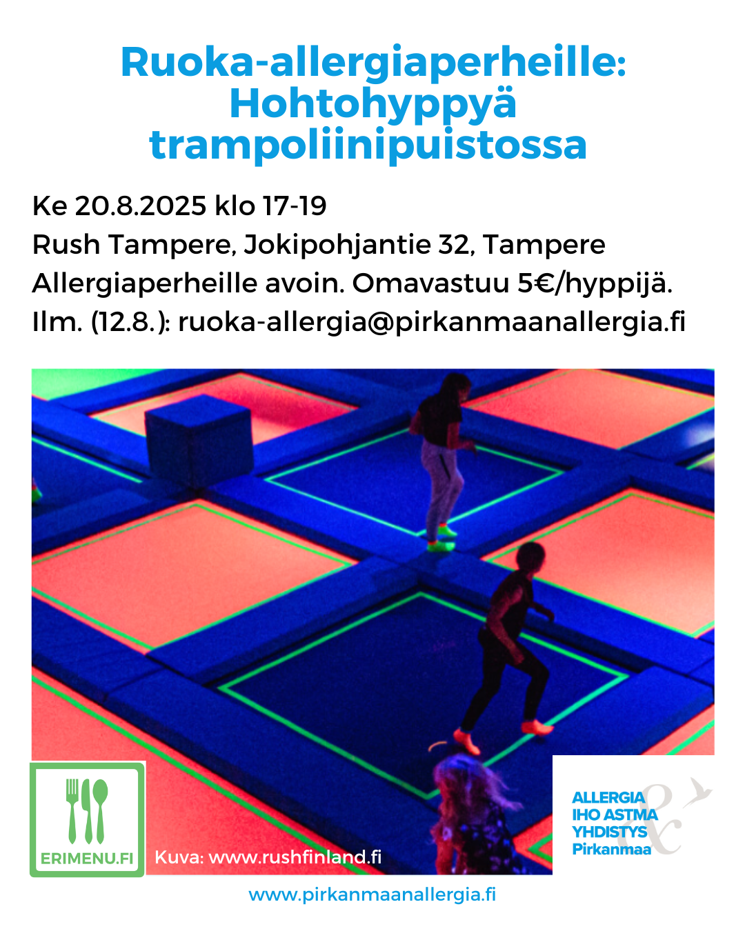 Kuvituskuvana lapsia trampoliineilla ja tekstinä tilaisuuden aika ja paikka.