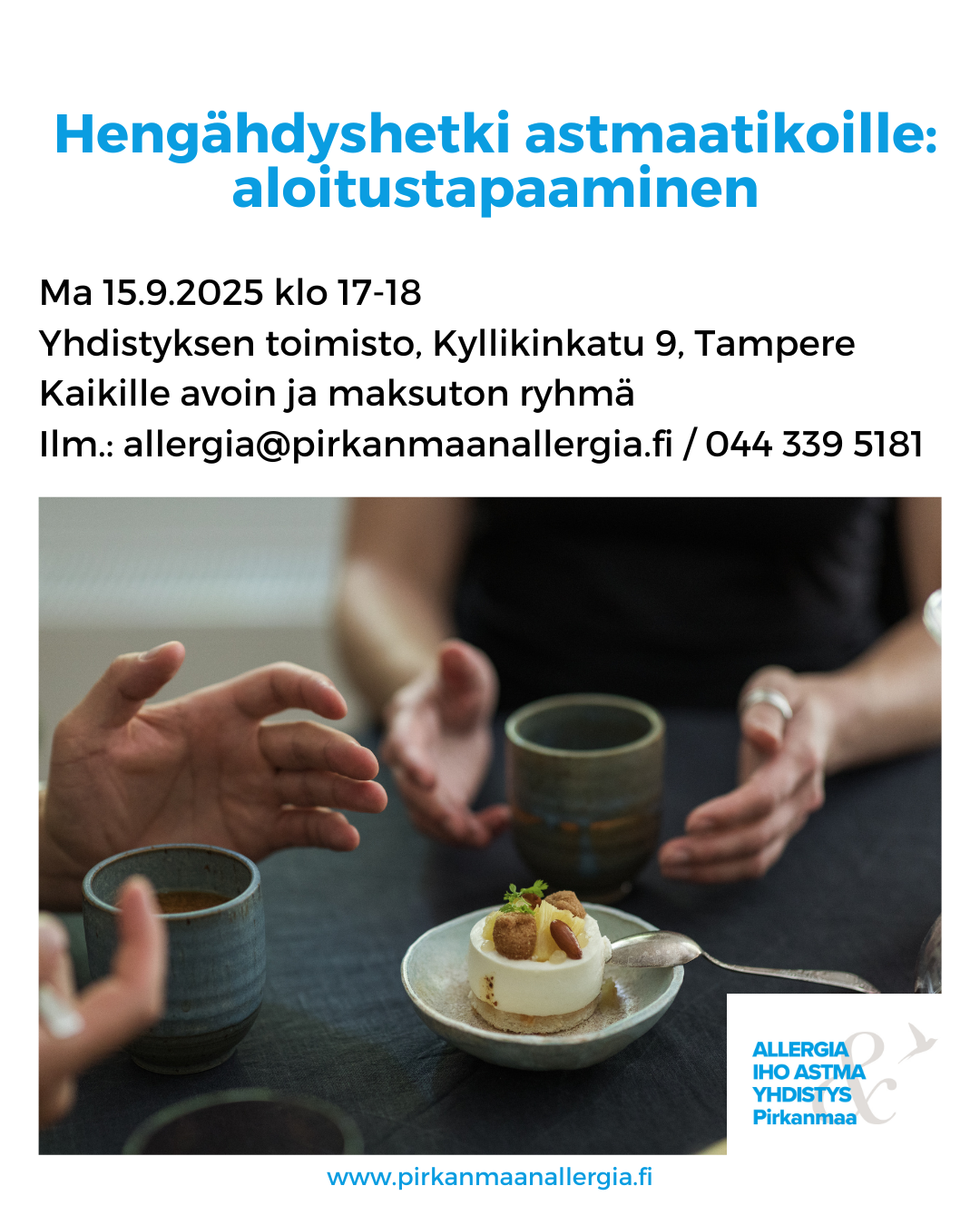 Kuvituskuvassa on kaksi henkilöä, joiden edessä on kahvikupit ja leivos.