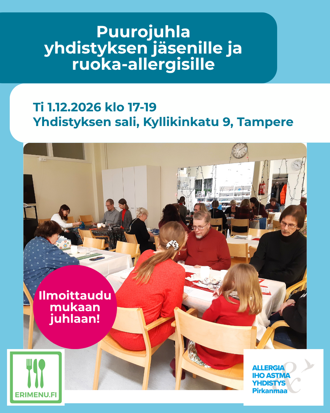 Kuvituskuvana salimme täynnä ihmisiä pöytien ääressä, ja tekstinä tilaisuuden aika ja paikka.