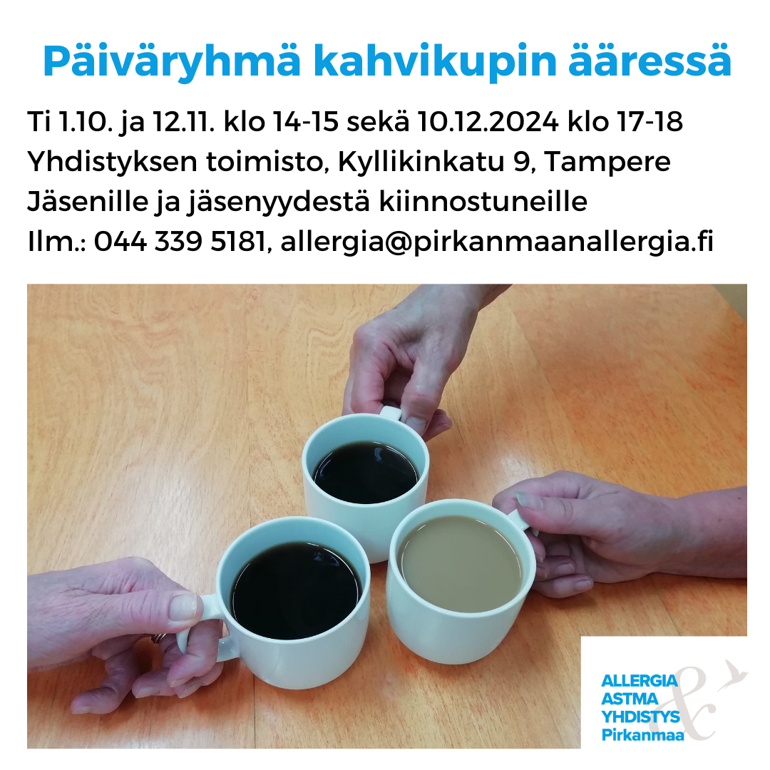 Kuvituskuvana kahvikuppeja pöydällä ja tekstinä tilaisuden aika ja paikka.