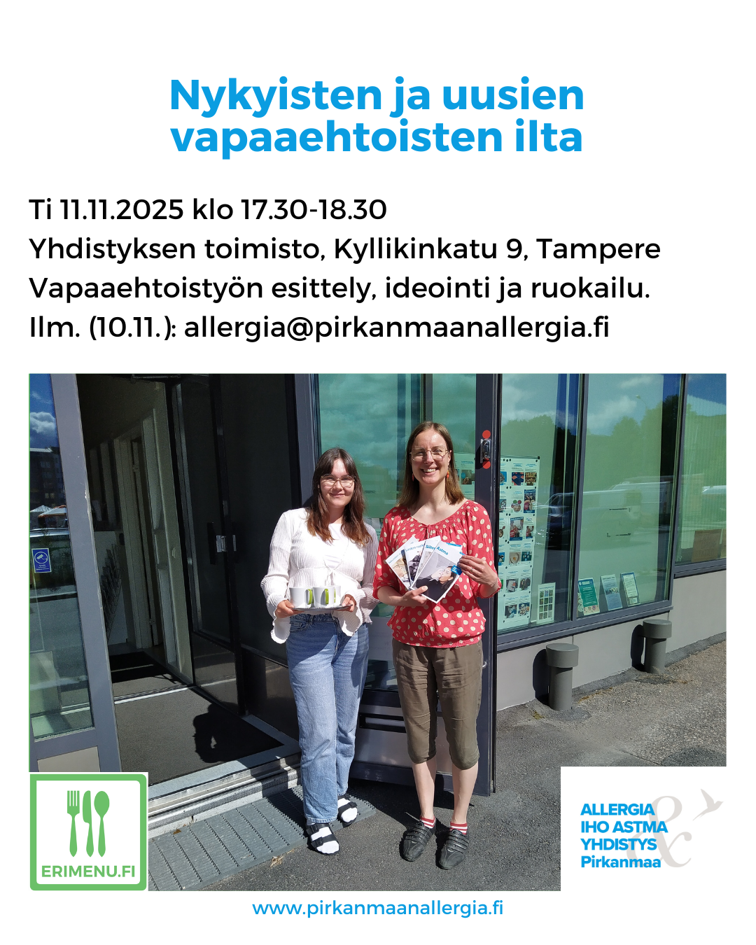 Kuvituskuvana kaksi neuvojaamme yhdistyksen ulko-ovella ja tekstinä tilaisuuden aika ja paikka.