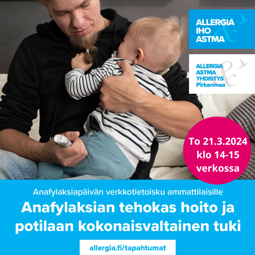 Kuvituskuvana verkkoluennon mainos, jonka kuvassa mies antaa sylissä olevalle pikkulapselle anafylaksian ensiapua adrenaliini-injektoripistoksella reiteen ja tekstinä verkkoluennon ajankohta.