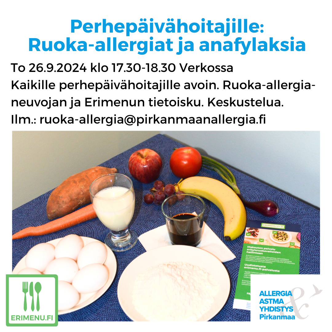 Kuvituskuvana erilaisia ruoka-aineita ruokapöydällä ja tekstinä tilaisuuden aika ja paikka.