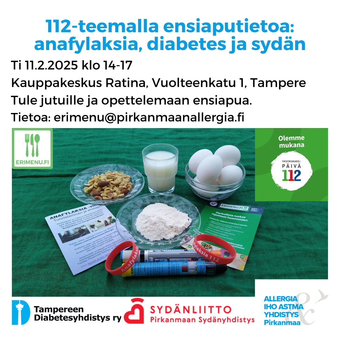 Kuvituskuvana useita eri ruoka-aineita ja anafylaksian ensiapuna käytettävät adrenaliini-injektorit pöydällä ja tekstinä tilaisuuden aika ja paikka.