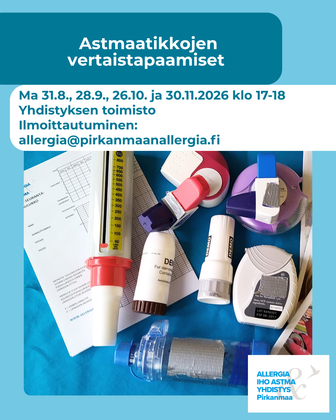 Kuvituskuvana erilaisia astmalääkkeen annostelijoita. Tekstinä tilaisuuden aika ja paikka.