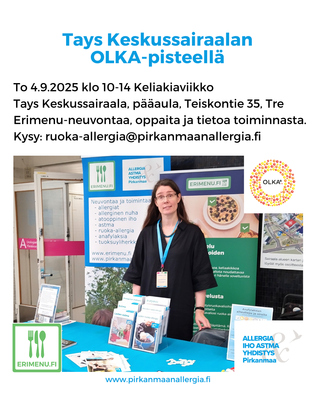 Kuvituskuvana neuvojamme esitteineen ständillä ja tekstinä tilaisuuden aika ja paikka.