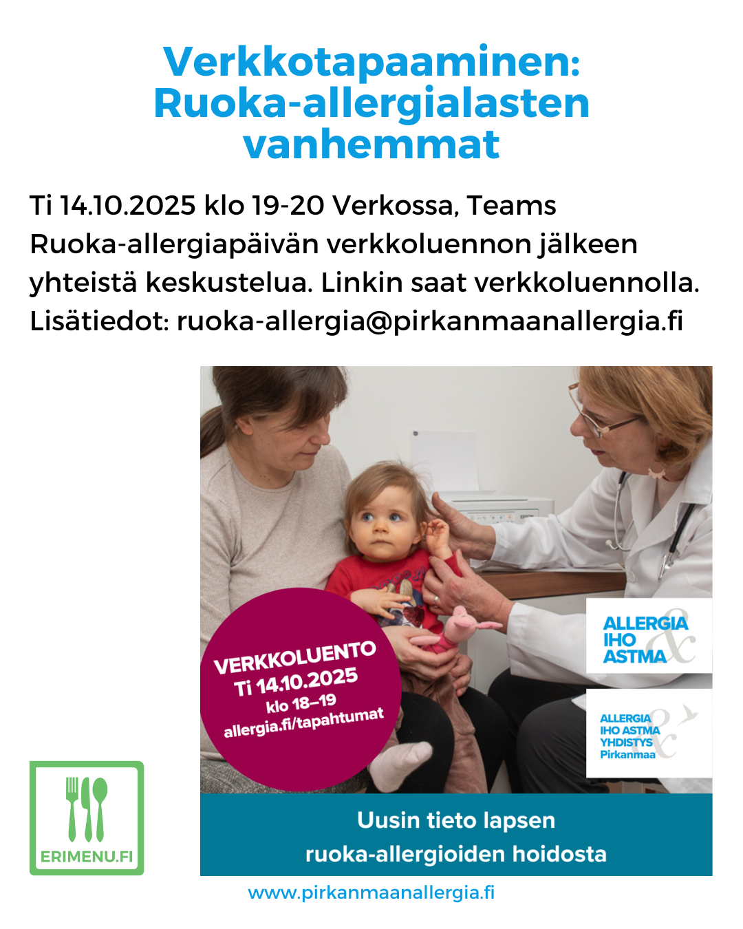 Kuvituskuvana verkkoluennon mainos, jossa aikuinen, pieni lapsi ja lääkäri, ja tekstinä tilaisuuden aika ja paikka.