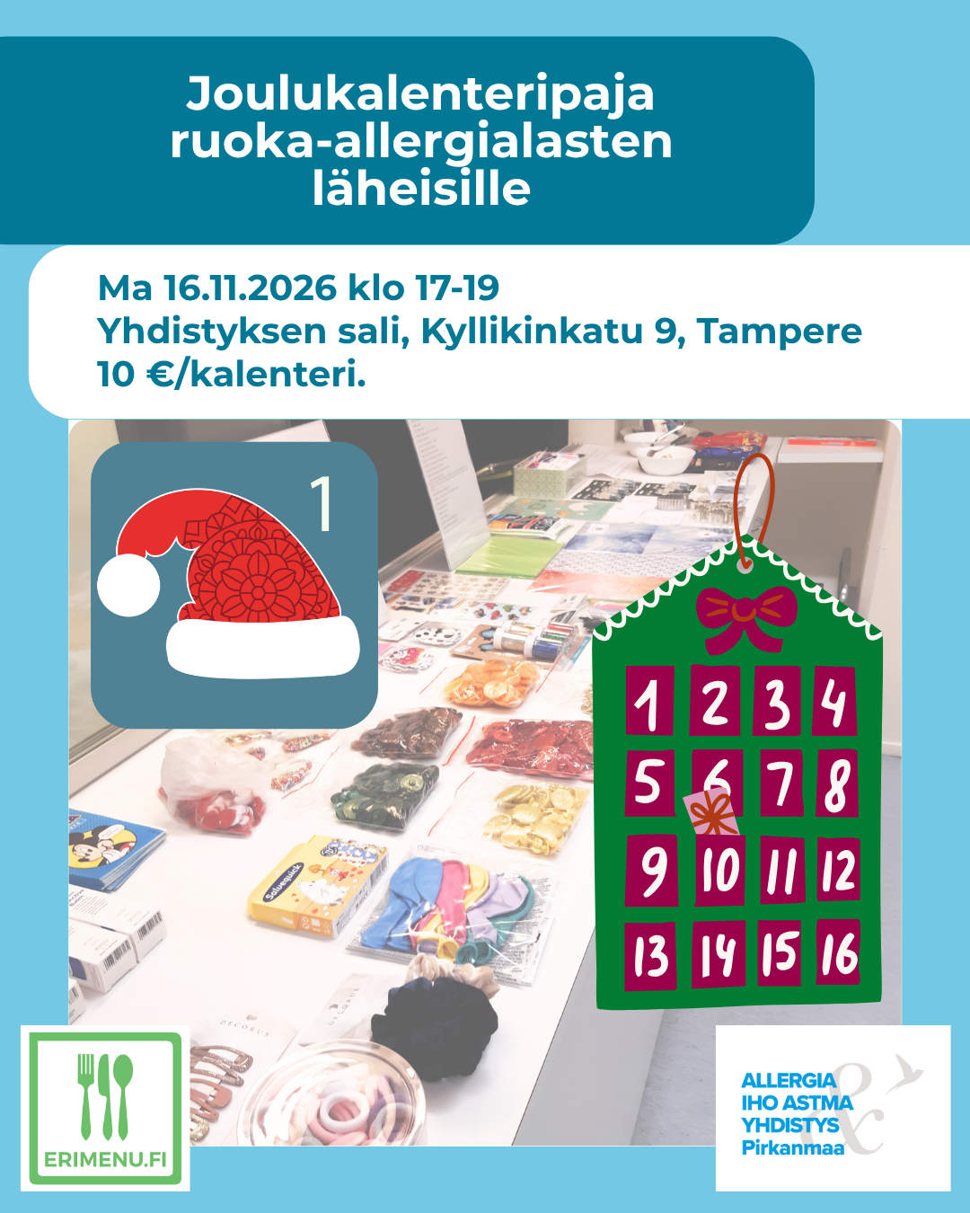 Kuvituskuvana taustalla kalenteritäytteitä ja edessä piirretty kalenteri ja tonttulakki, ja tekstinä tilaisuuden aika ja paikka.
