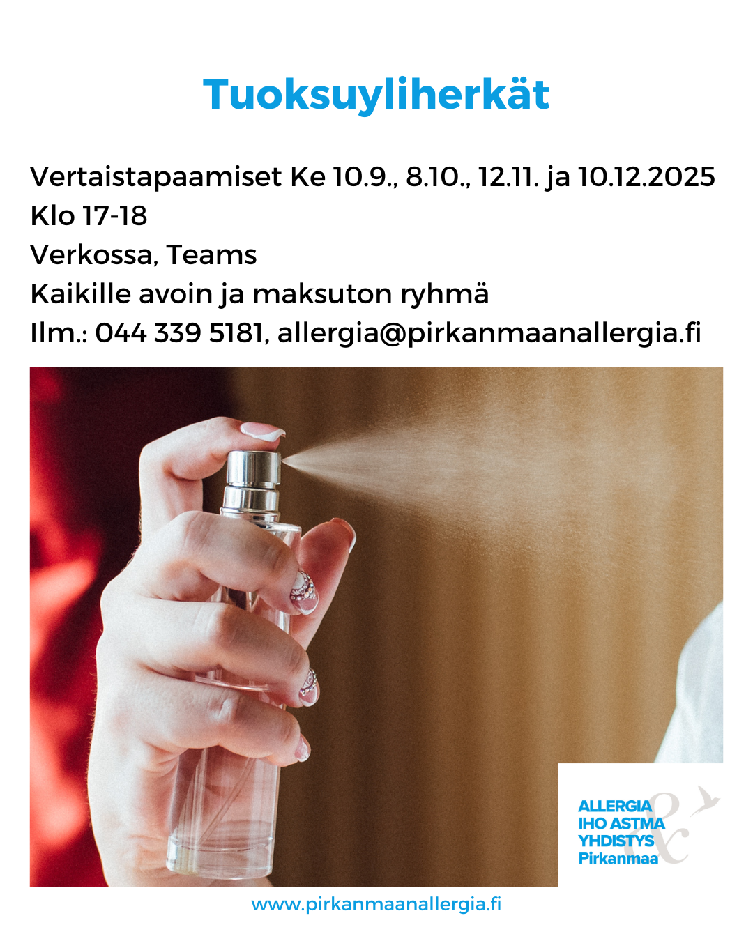 Kuvistuskuvassa käsi suihkuttaa hajuvettä ilmaan.