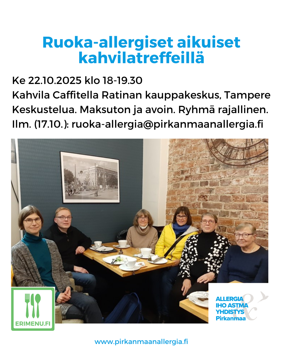 Kuvituskuvana kuusi henkilöä kahvilapöydän ääressä ja tekstinä tilaisuuden aika ja paikka.