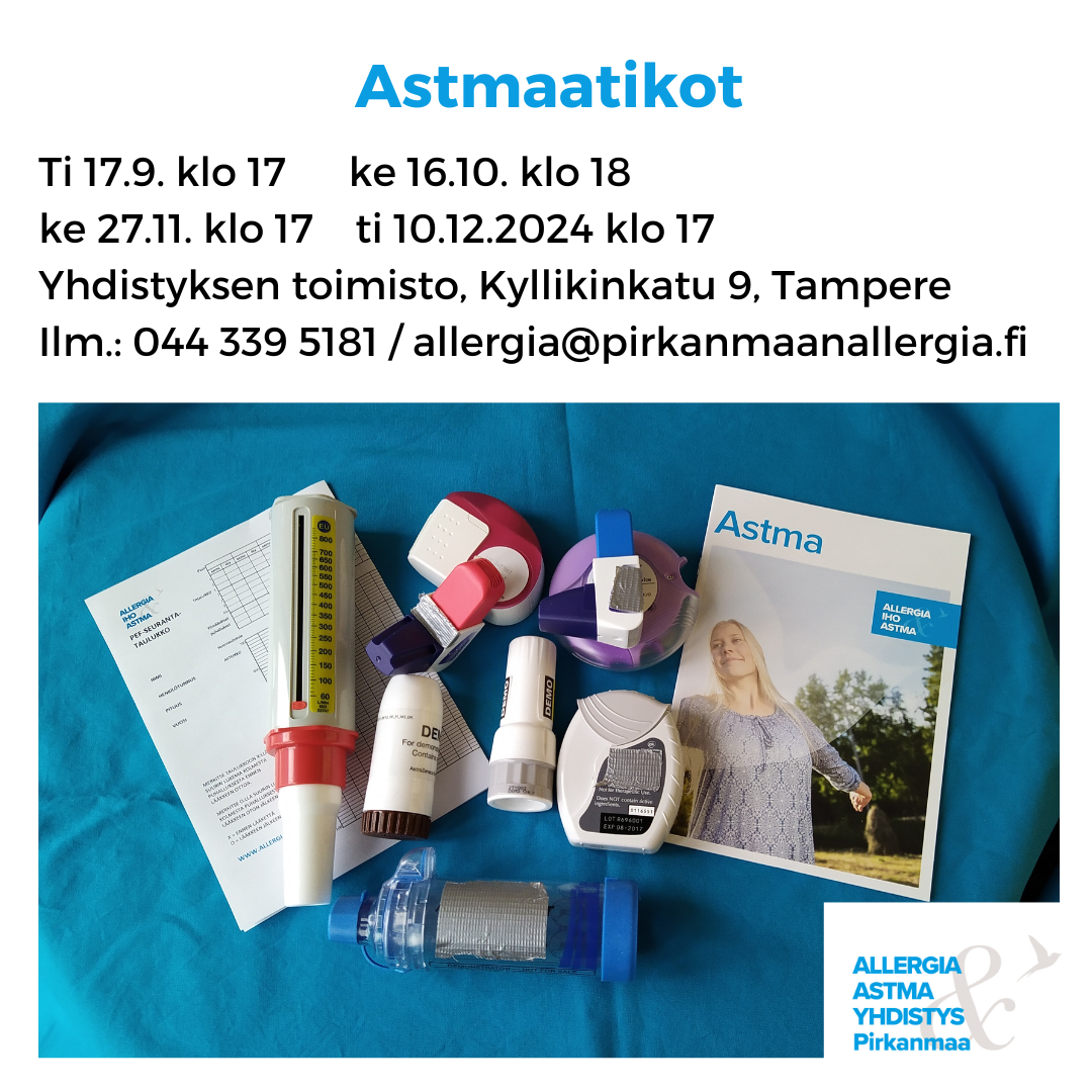 Kuvituskuvana astmalääkkeitä ja tekstinä tilaisuuden aika ja paikka.