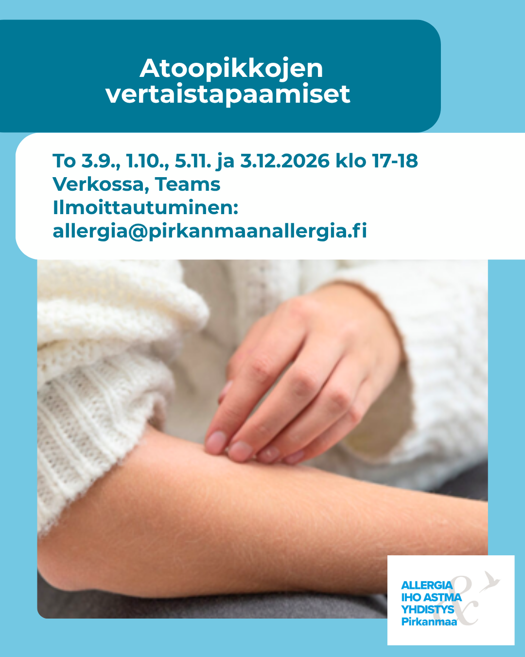 Kuvituskuvana käsi, joka raaputtaa kyynärtaivetta. Tekstinä tilaisuuden aika ja paikka.