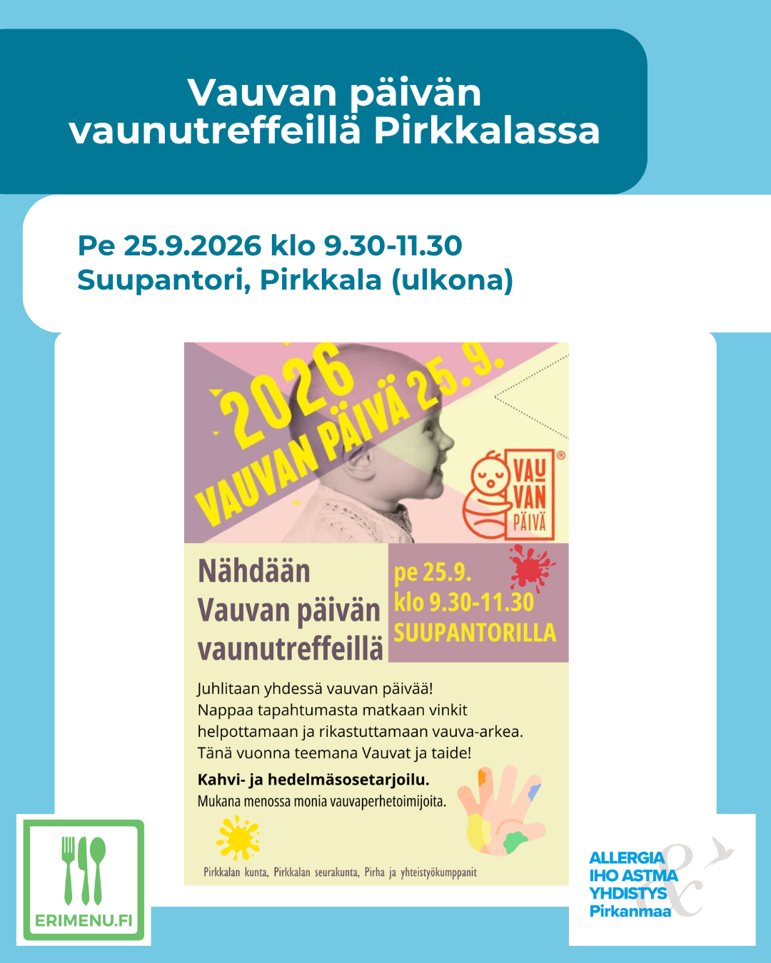 Kuvituskuvana tapahtuman mainos vauvakuvan kera ja tekstinä tilaisuuden aika ja paikka.