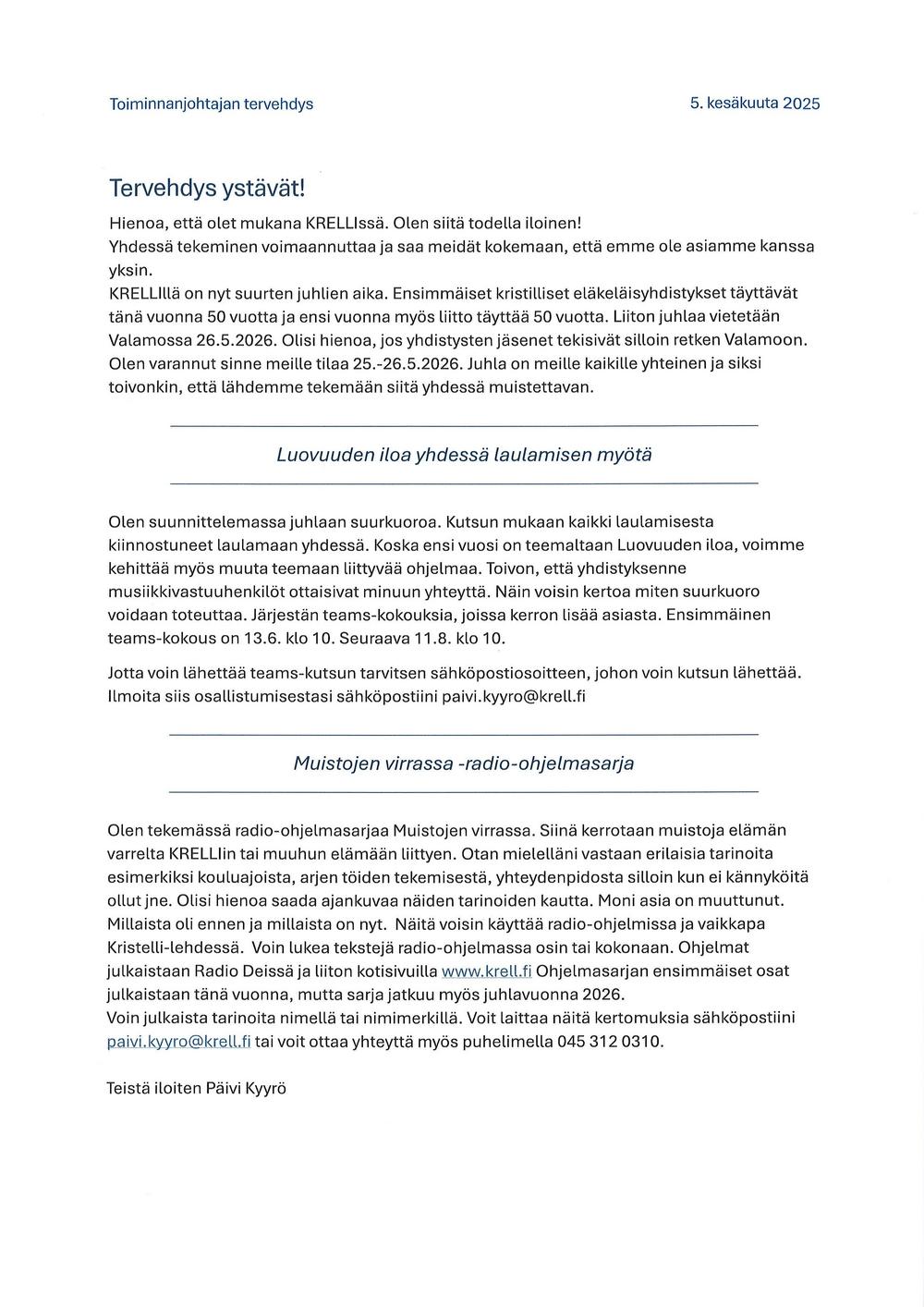 Toiminnanjohtajan tervehdys, kirje 5.6.2025