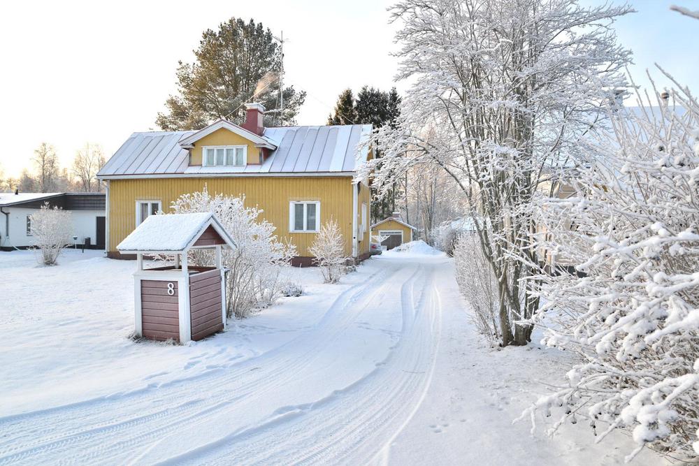 Talvinen maisema, jossa keltainen puutalo ja vieressä pensaita ja puita lumen peittäminä.