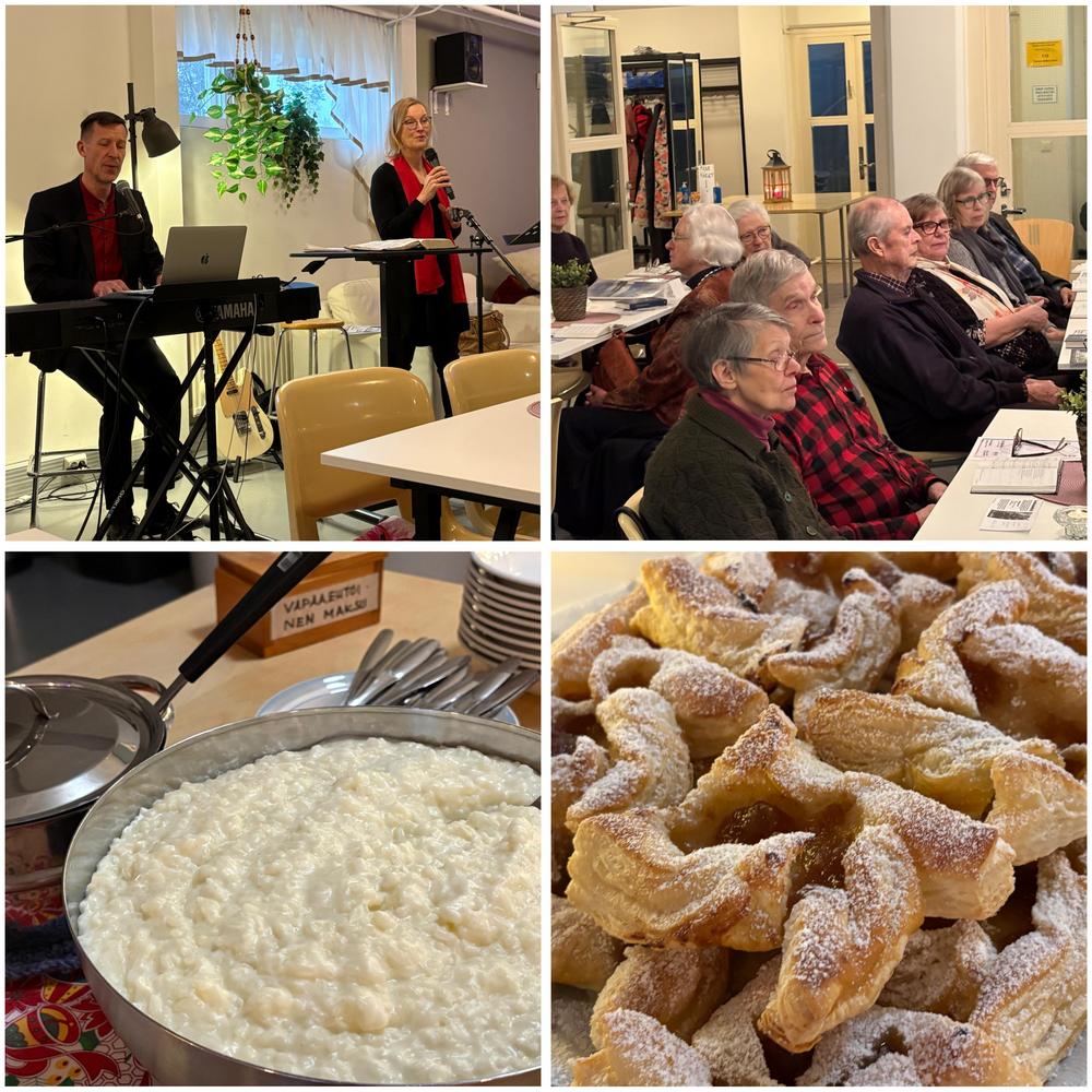 Neljän kuvan kuvakollaasi jossa yhdessä kuvassa kaksi henkilöä pitämässä musiikkiesitystä, yhdessä kuvassa eläkeläisiä istumassa pöytien äärellä salissa, yhdessä kuvassa kahvipöydän tarjoiluja, joulutorttuja ja yhdessä kuvassa eläkeläisiä seisomassa salissa.