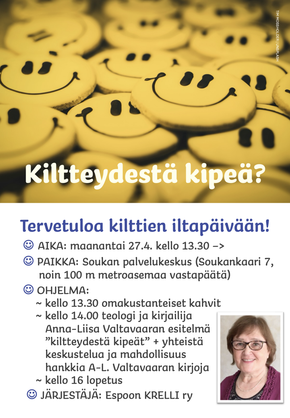 Mainos huhtikuun tilaisuudesta. Tekstinä tiedot alla.