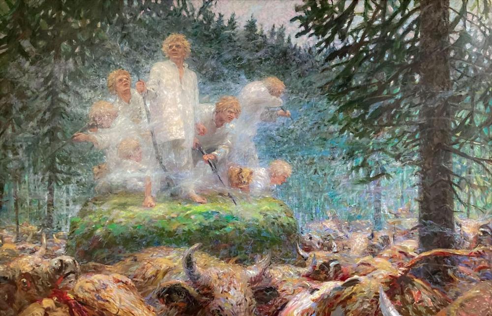 Osasuurennos Arto Pennasen teoksesta Seitsemän veljestä. Päijät-Hämeen taidemuseoyhdistyksen toimintaan kuuluu muun muassa Arto Pennasen kansalaiskeräys. Kuvassa on seitsemän veljestä vaaleassa puvussa. Veljekset ovat metsässä heinäpaalun päällä ja heitä ympäröi eläinlauma.