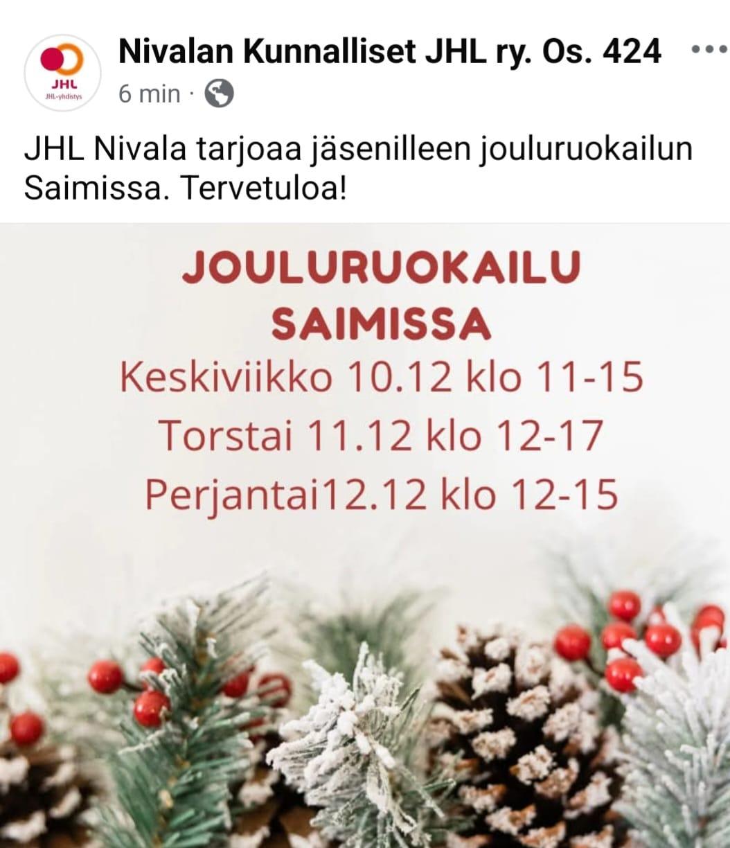Nivalan kunnallise JHL Ry. Os 424 Syyskokous Kaupungintalon kahviossa 11.11.2025 kello 18.