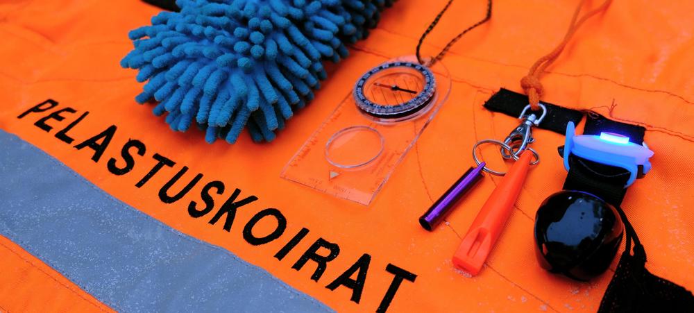 Kuvituskuva: pelastuskoiraohjaajan liivi, jonka päällä tärkeitä pelastuskoirakon välineitä: kertovan ilmaisun vetorulla, kompassi, pilli ja karhunkello valolla.