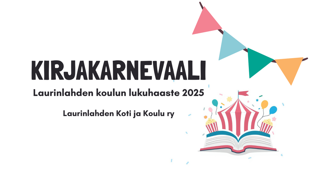 Kuvassa kirjakarnevaalin logo ja teksti Laurinlahden koulun lukuhaaste 2025. Laurinlahden Koti ja Koulu ry.