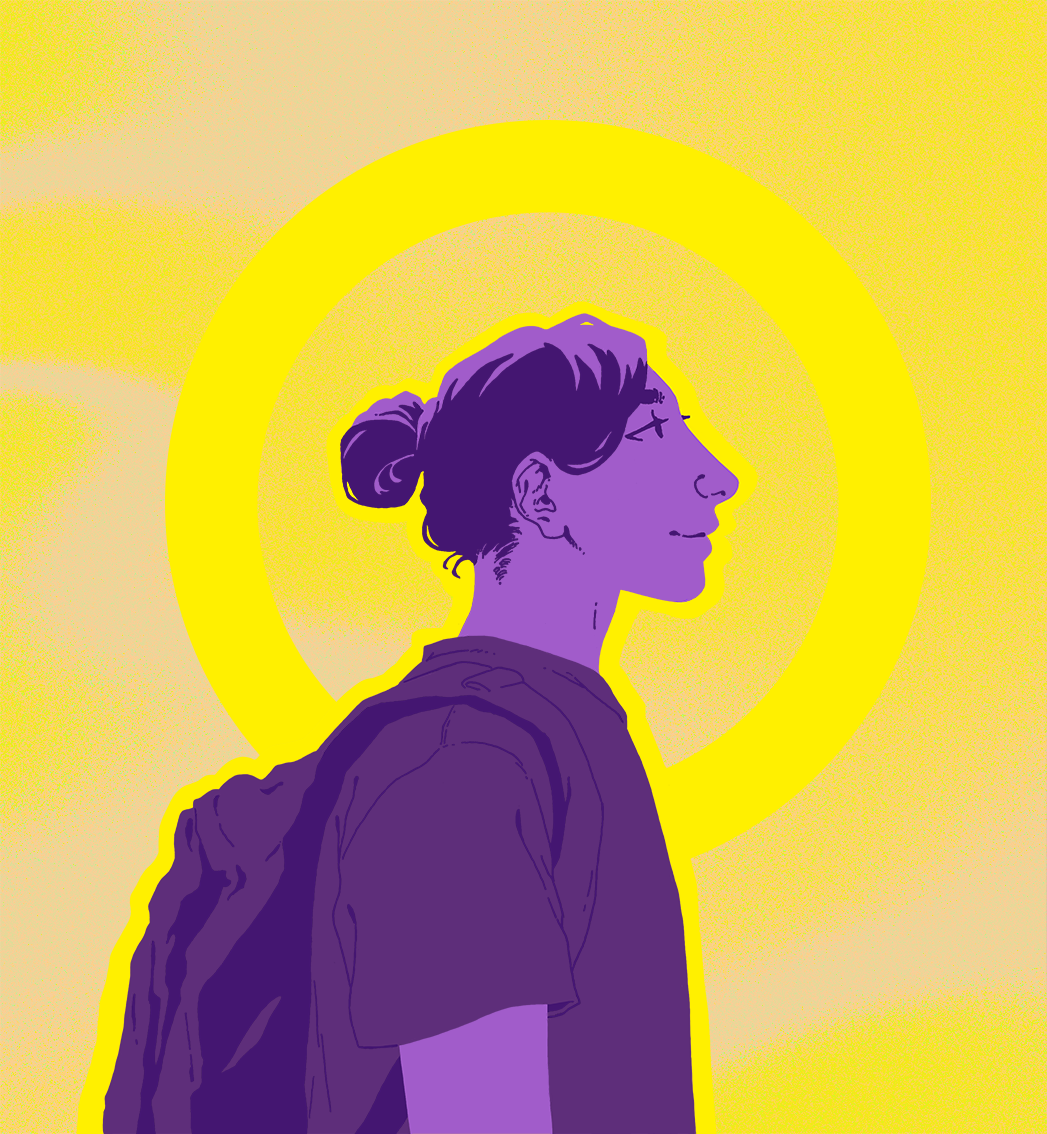 An illustrated image depicting a person in side profile. Their gaze is directed upward toward the horizon, and they are smiling slightly. The color scheme features purple and yellow, which are also found in the intersex flag. The illustration is by Julia Satakieli.