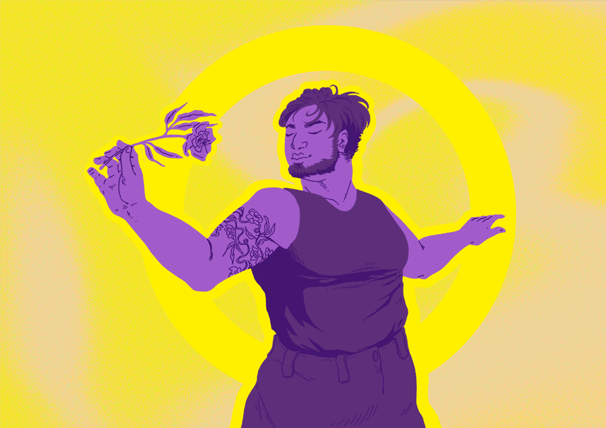 An illustrated image depicting a person standing with eyes closed and arms extended to the sides. The person is holding a flower and smiling gently. The color scheme features purple and yellow, which are also found in the intersex flag. The illustration is by Julia Satakieli.