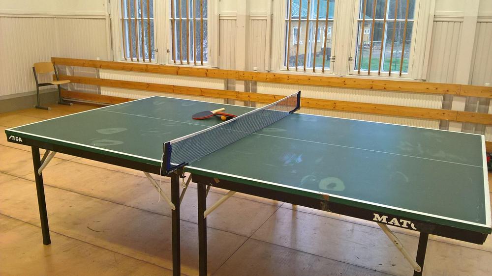 Liikuntasali, jossa pöytätennispöytä.