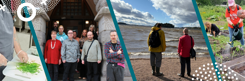 Kuvituskuva. Henkilöitä erilaisissa aktiviteeteissa, ryhmissä ja työtehtävissä Näsinkulman Klubitalolla sekä sisätiloissa, että ulkona.