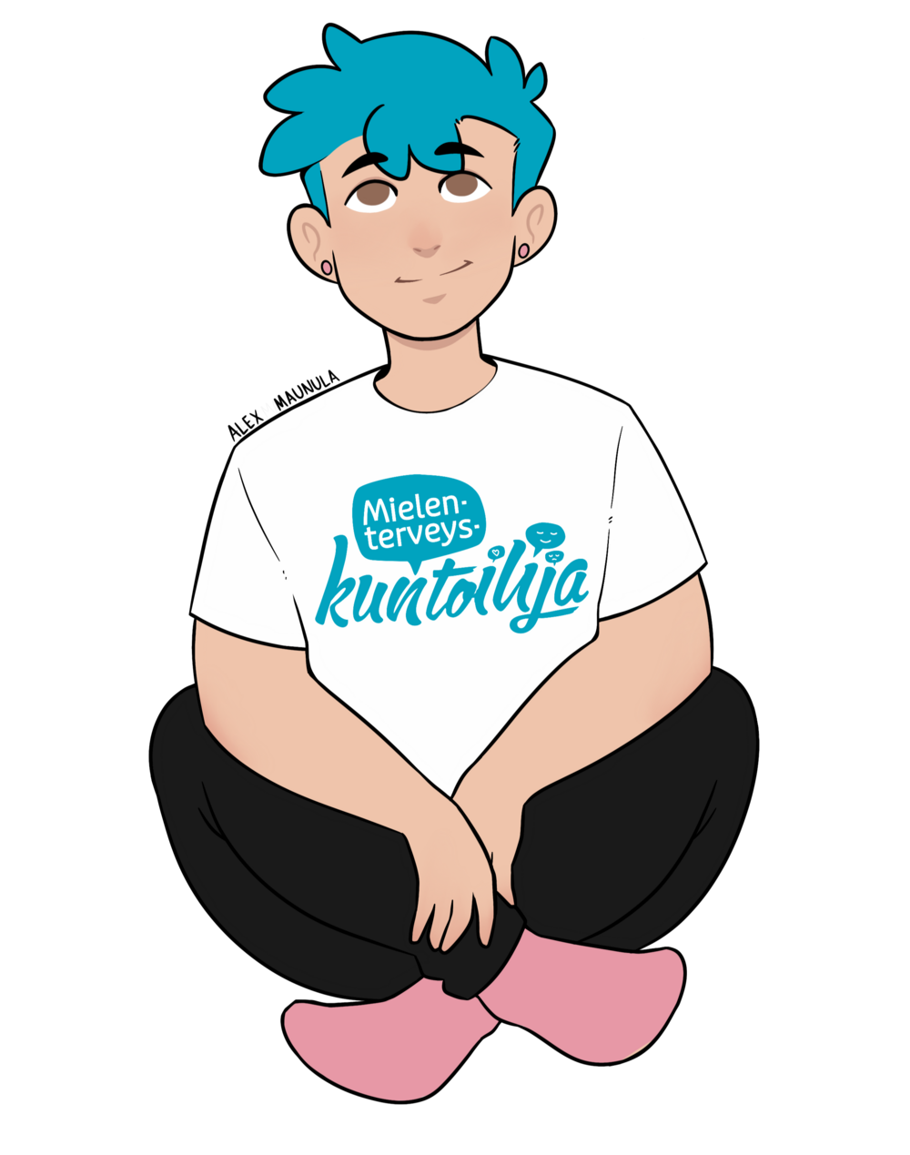 Piirretty kuva Mielenterveyskuntoilija -hahmosta. Hahmo istuu risti-istunnossa ja hänellä on päällään mustat housut, vaaleanpunaiset sukat sekä valkoinen t-paita, jossa on turkoosi Mielenterveyskuntoilija -logo. Hahmolla on lyhyet, turkoosit hiukset, vaaleanpunaiset korvakorut ja ruskeat silmät. Hahmo hymyilee pienesti ja katsoo yläviistoon.
