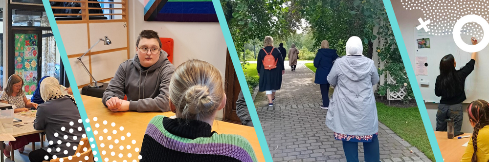 Kuvituskuva. Henkilöitä erilaisissa ryhmäaktiviteeteissa sekä ulkona että sisätiloissa.