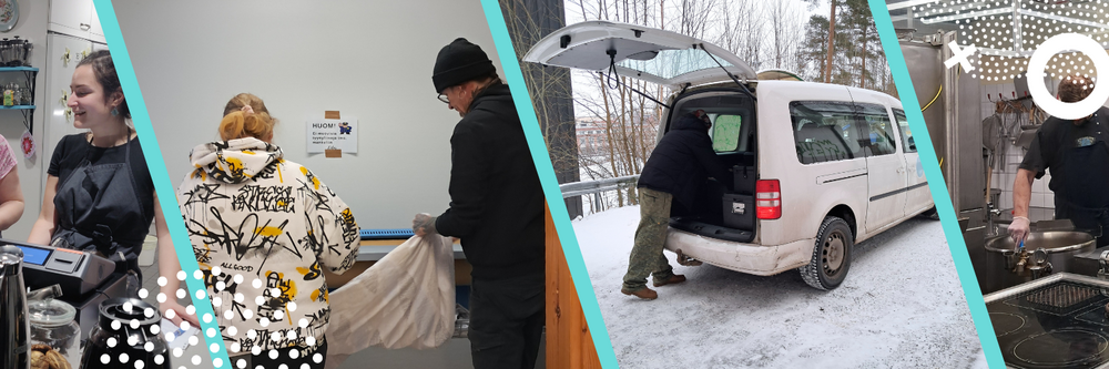 Kuvituskuva. Henkilöitä tekemässä erilaisia työtehtäviä kahvilan kassalla, kuljetuspalvelussa, keittiössä sekä pesulassa.