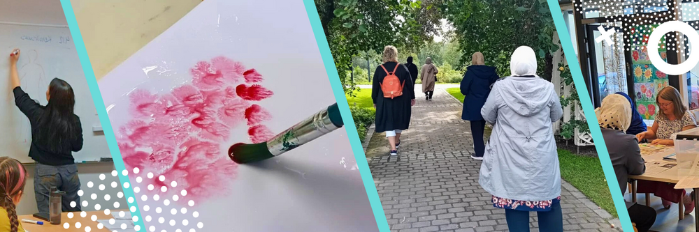 Kuvituskuva. Hennkilöitä erilaisissa ryhmäaktiviteeteissa sekä ulkona että sisätiloissa.