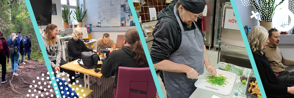 Kuvituskuva. Henkilöitä erilaisissa Klubitalon työtehtävissä ja aktiviteeteissa.