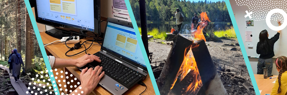 Kuvituskuva. Henkilöitä erilaisissa ryhmäaktiviteeteissa sekä sisätiloissa, että ulkoretkillä.