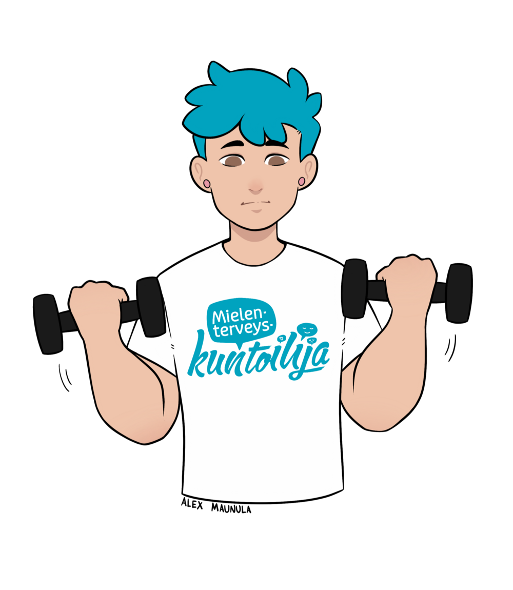 Piirretty kuva Mielenterveyskuntoilija-hahmosta nostelemassa käsipainoja keskittyneen näköisenä. Hahmolla on päällään valkoinen t-paita, jossa on Mielenterveyskuntoilija -logo.