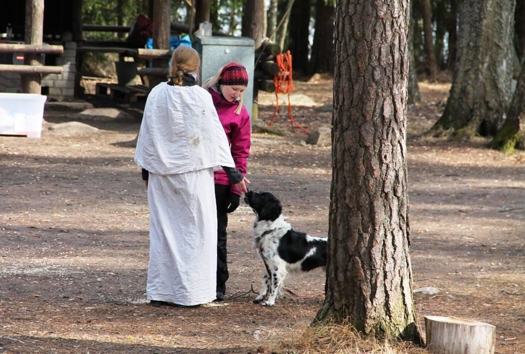 Stabijhounin vieressä ulkona seisoo kaksi henkilöä, joista toisella on aaveen asu päähinettä lukuunottamatta päällä