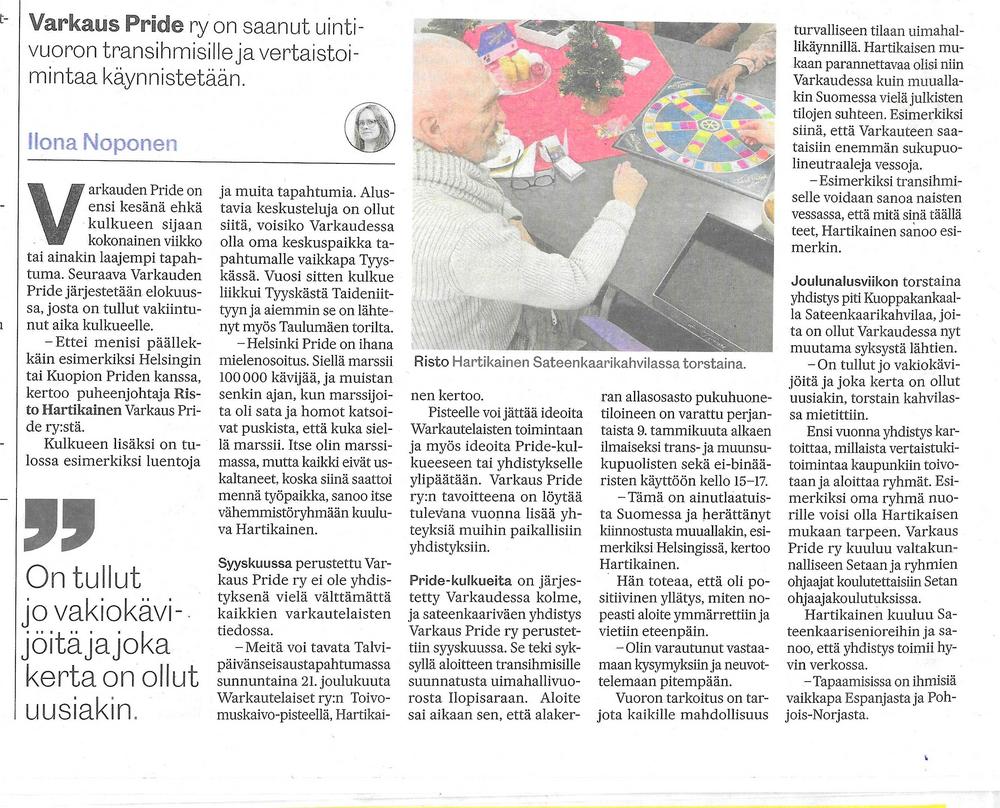 Warkauslehti julkaisi jutun Varkaus Pride ry:stä. 
Uimahallitoiminnan maksaa Varkaus Pride ry , joten rahaa tarvitaan toiminnan tekemiseen, joten jos haluat antaa ylimääräistä avustusta toimintaamme, voit lahjoittaa suoraan Setan kautta;
 https://seta.fi/tue/varkaus-pride-ry/
