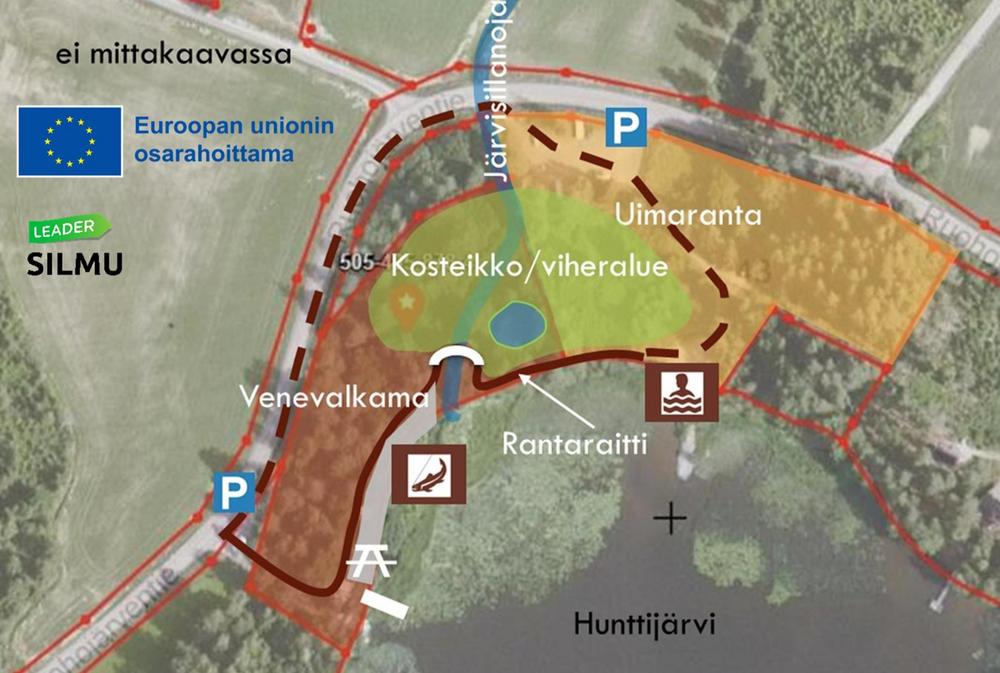 Levannonrannan virkistysalueen karttaan on merkitty Ruohojärventien mutkassa sijaitseva Levannon uimaranta ja venevalkama pysäköintialueineen sekä Hunttijärven rantaan rakenteilla oleva rantaraitti ja Järvisillanojan viheralue. 