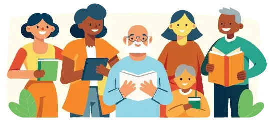 Liity jäseneksi Lukipomoon. Kuvituskuvassa ryhmä ihmisiä.